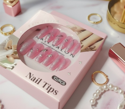 Luxury Pink Nail Tips Set – 12 Pcs False Nails With Glitter & Rhinestone Design | Elegant Salon-style Press-on Nails For Parties, Weddings & Everyday Fashion